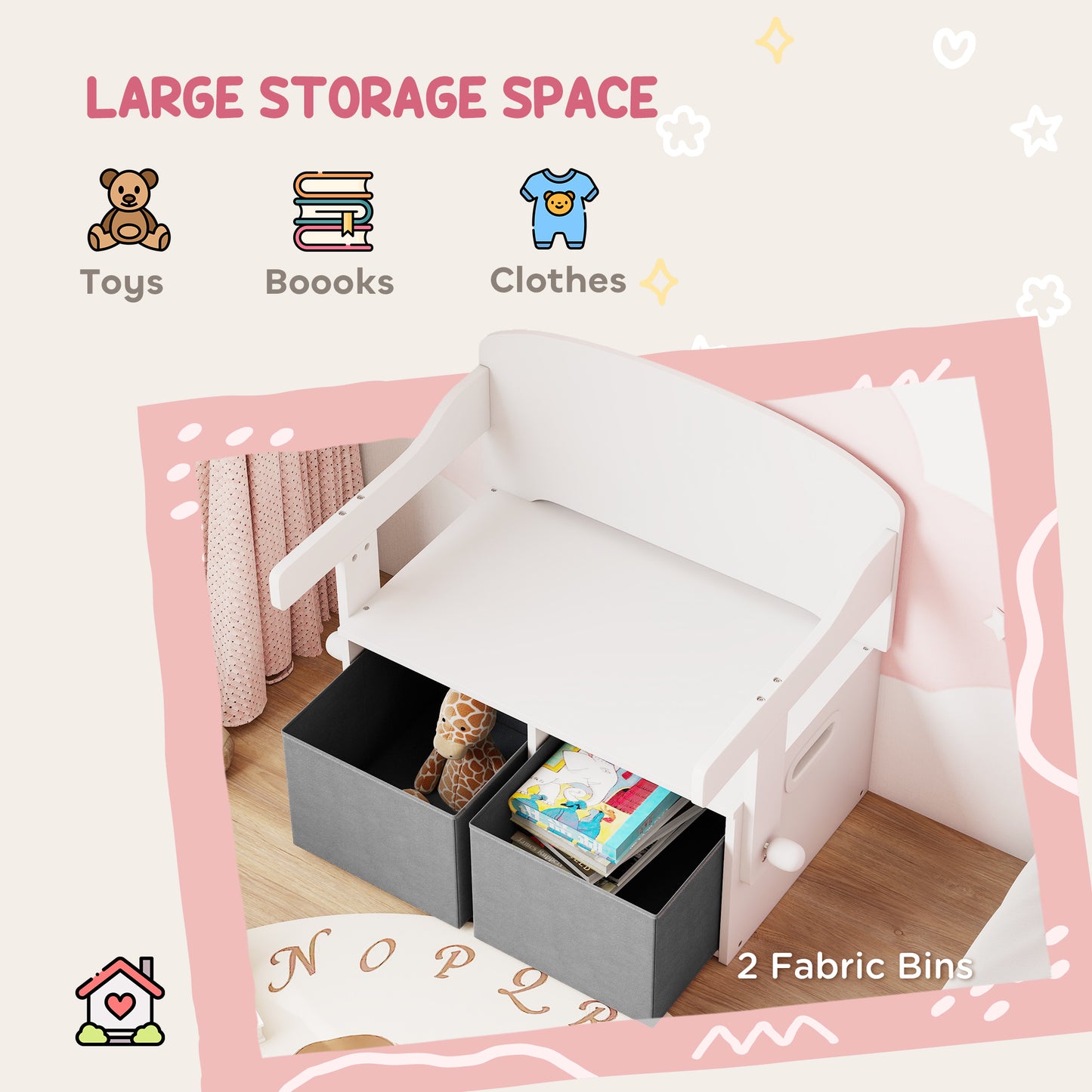 AIYAPLAY 3 In 1 Kids Storage Bench Table And Chair Set With 2 Fabric Bins Toy Storage Box White
