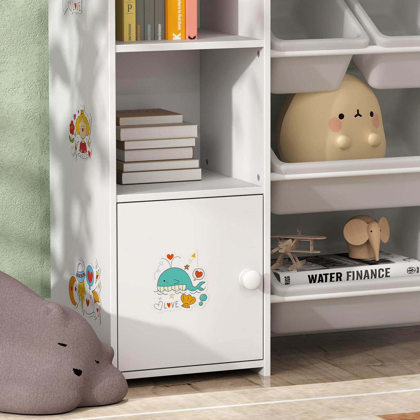 AIYAPLAY 3 In 1 Kids Toy Organizer And Storage With Eight Removable Bins And Bookshelf White