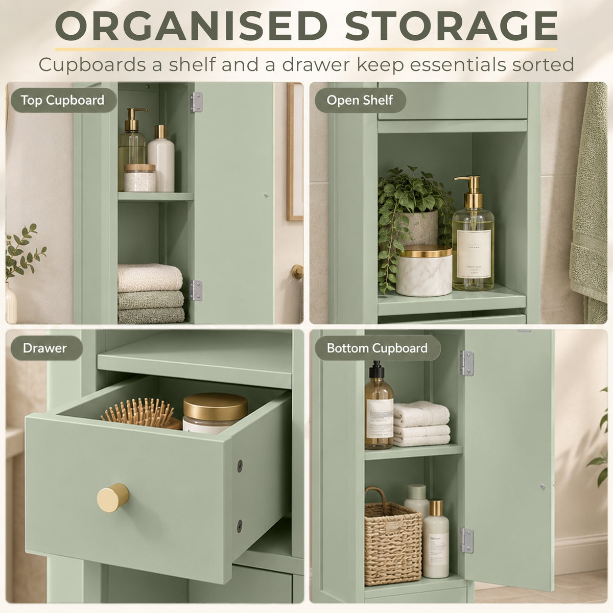 Light green tall bathroom cabinet with arched doors, open shelves, and a drawer.