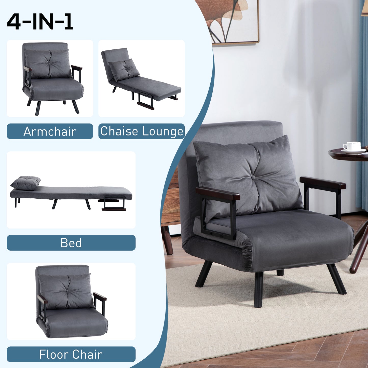 HOMCOM Velvet-Feel Multi-Functional Foldable Armchair Bed with Pillow - Charcoal Grey - ALL4U RETAILER LTD