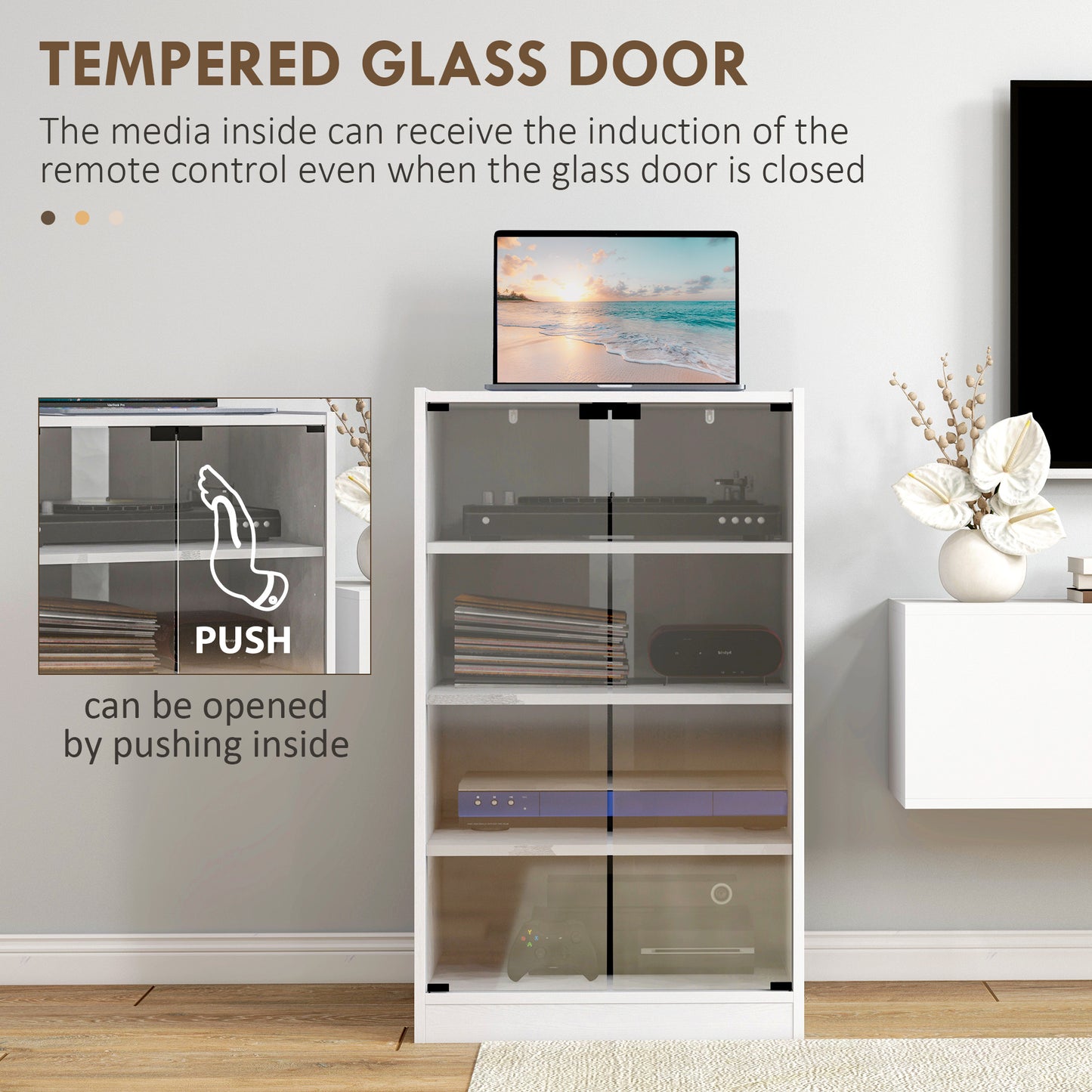 HOMCOM Four Tier Hi Fi Stand Record Player Stand With Adjustable Shelves And Push To Open Glass Doors White Wood Effect