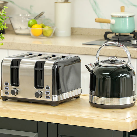 HOMCOM Polished Stainless Steel Kettle and Toaster Set Black, 3000W Kettle, Four Slice Toaster