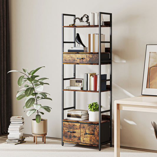 HOMCOM Industrial Style Bookcase With 4 Shelves And 3 Fabric Drawers Brown Black