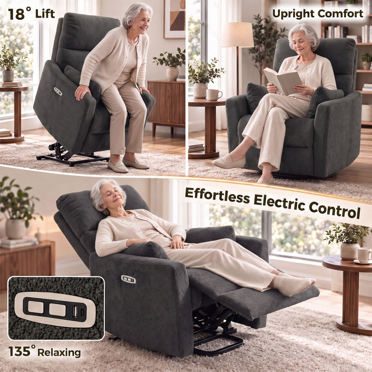 HOMCOM Electric Lift Recliner Chair with Massage and Heat Teddy Fleece Dark Grey