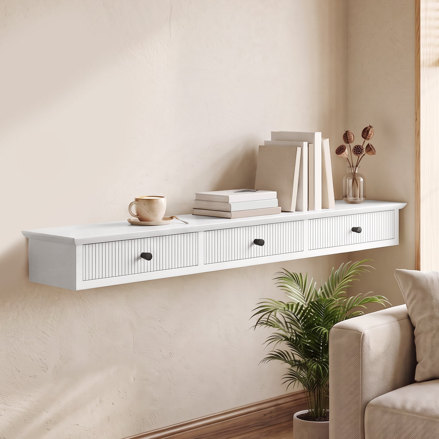 White Wall Mounted Storage Shelf Unit With Drawers MDF