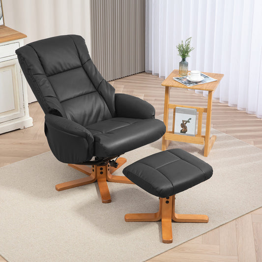 HOMCOM Rocking Recliner Chair With Footstool In PU Leather Wood Base For Living Room And Bedroom Black