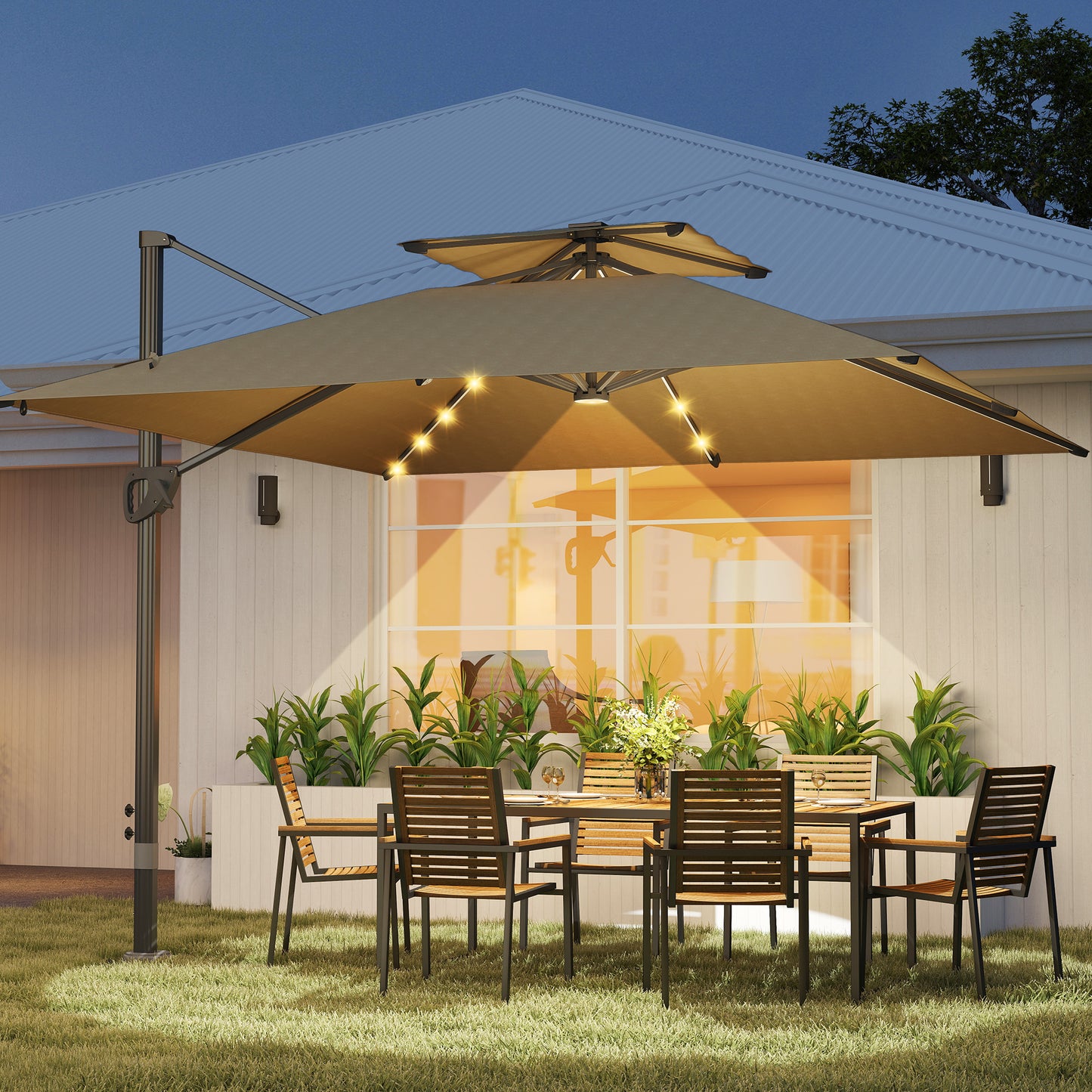 Outsunny Multi Angle LED Light Parasol Umbrella With Solar Powered Lights UPF 50 Plus Canopy Tiltable 360 Degree Swivel