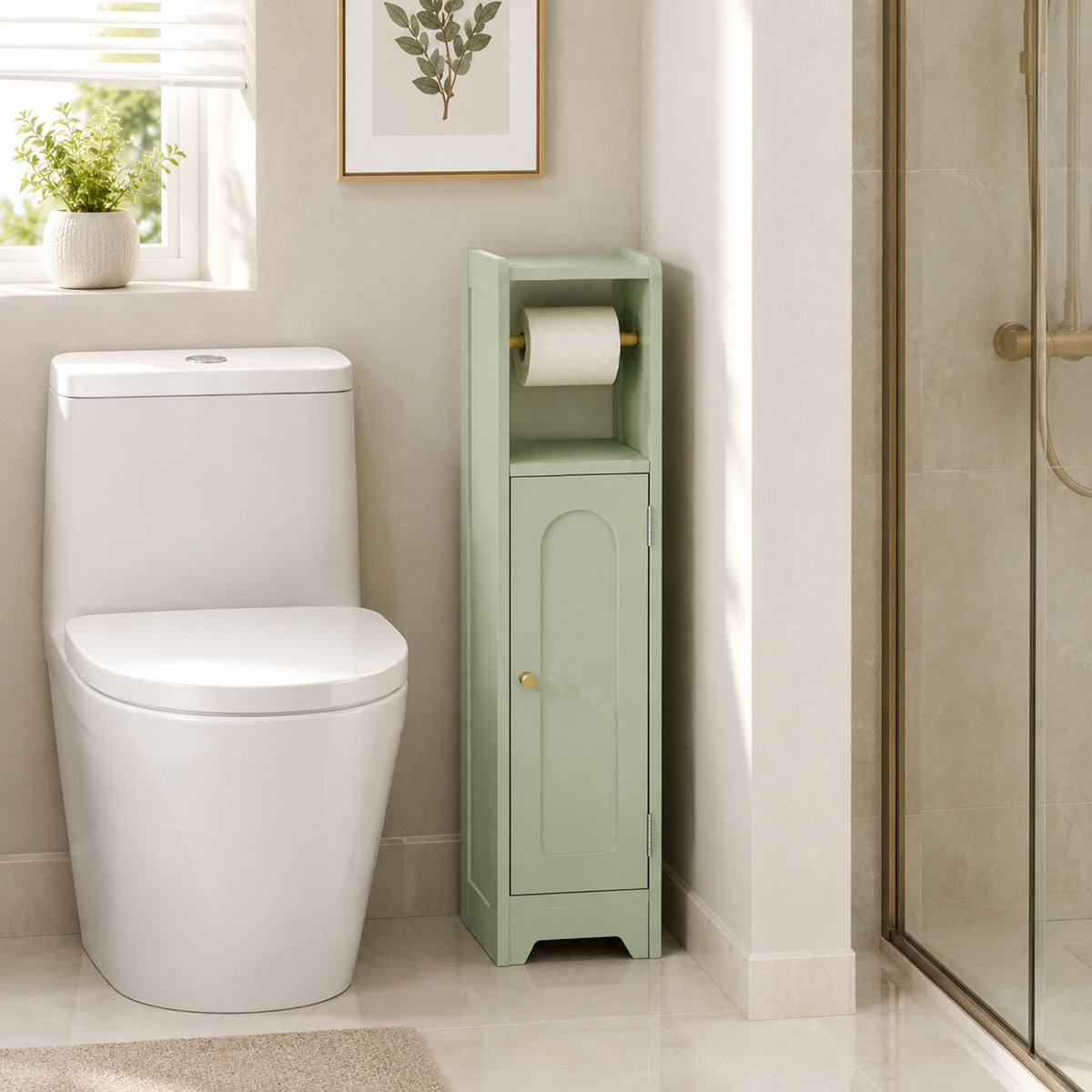 Light green bathroom toilet storage cabinet with toilet roll holder and side door