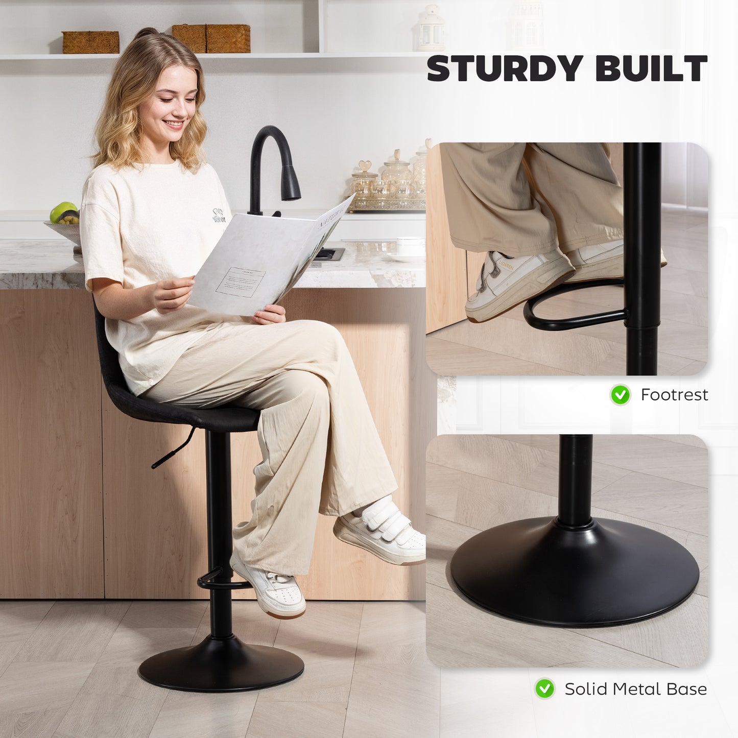 HOMCOM Set Of 2 Tub Bar Stools Black Adjustable Height 360 Degree Swivel Seats With Non Slip Base