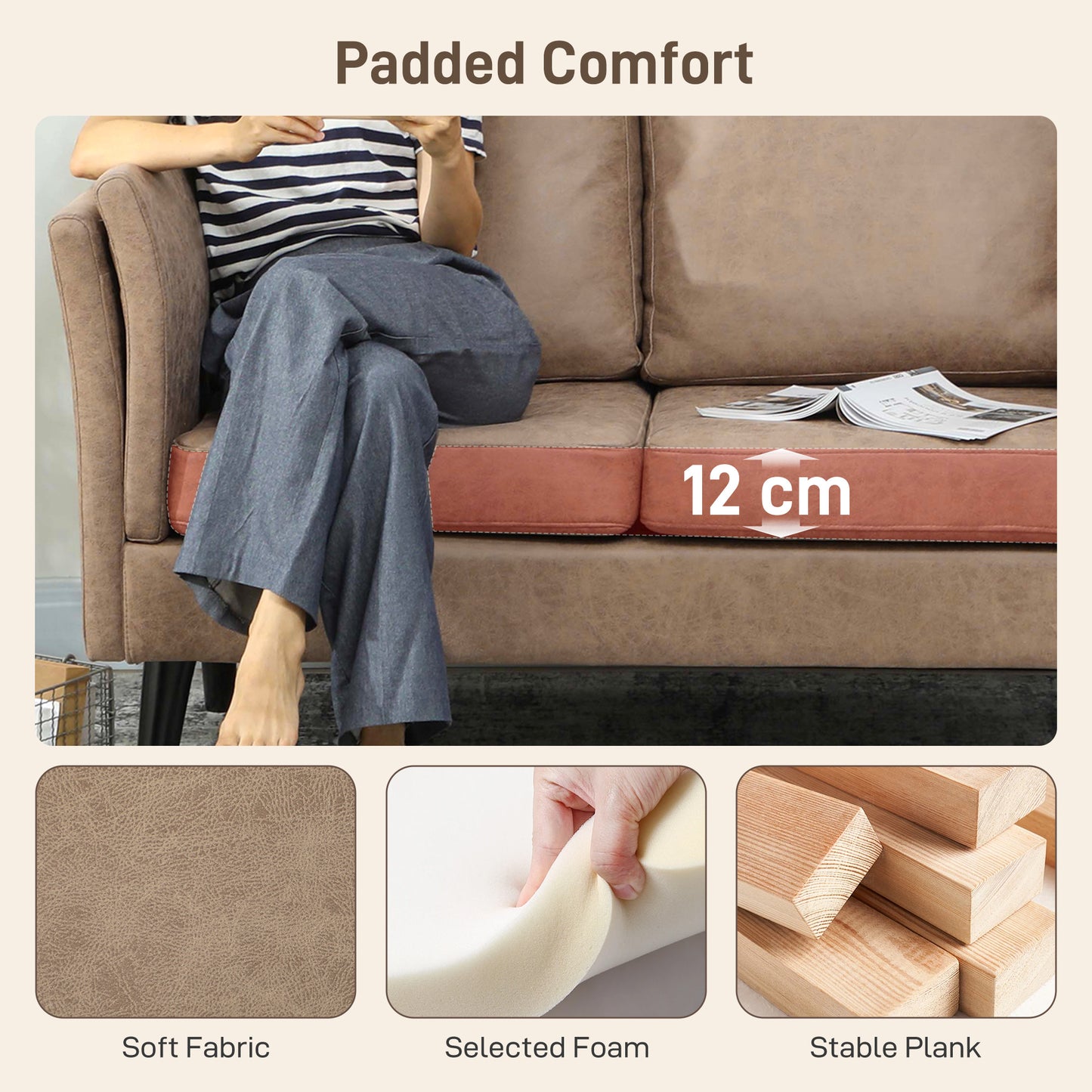 HOMCOM Leathaire Two Seater Sofa Loveseat Light Brown With High Density Foam Cushions