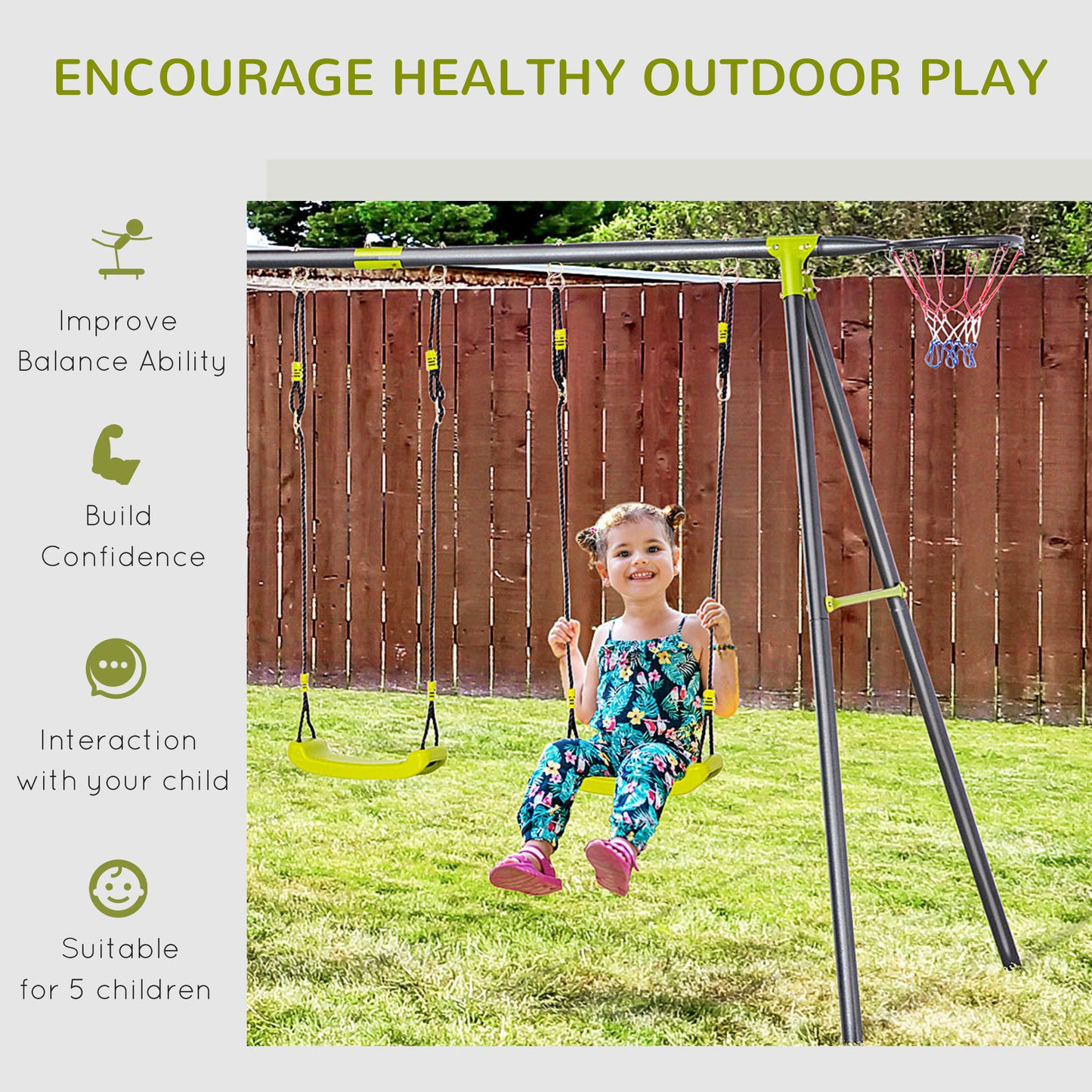 Outsunny Multi-Activity Kids Swing Set with Adjustable Seats, Seesaw, and Basketball Hoop for Outdoor Fun Ages 3-10 - ALL4U RETAILER LTD