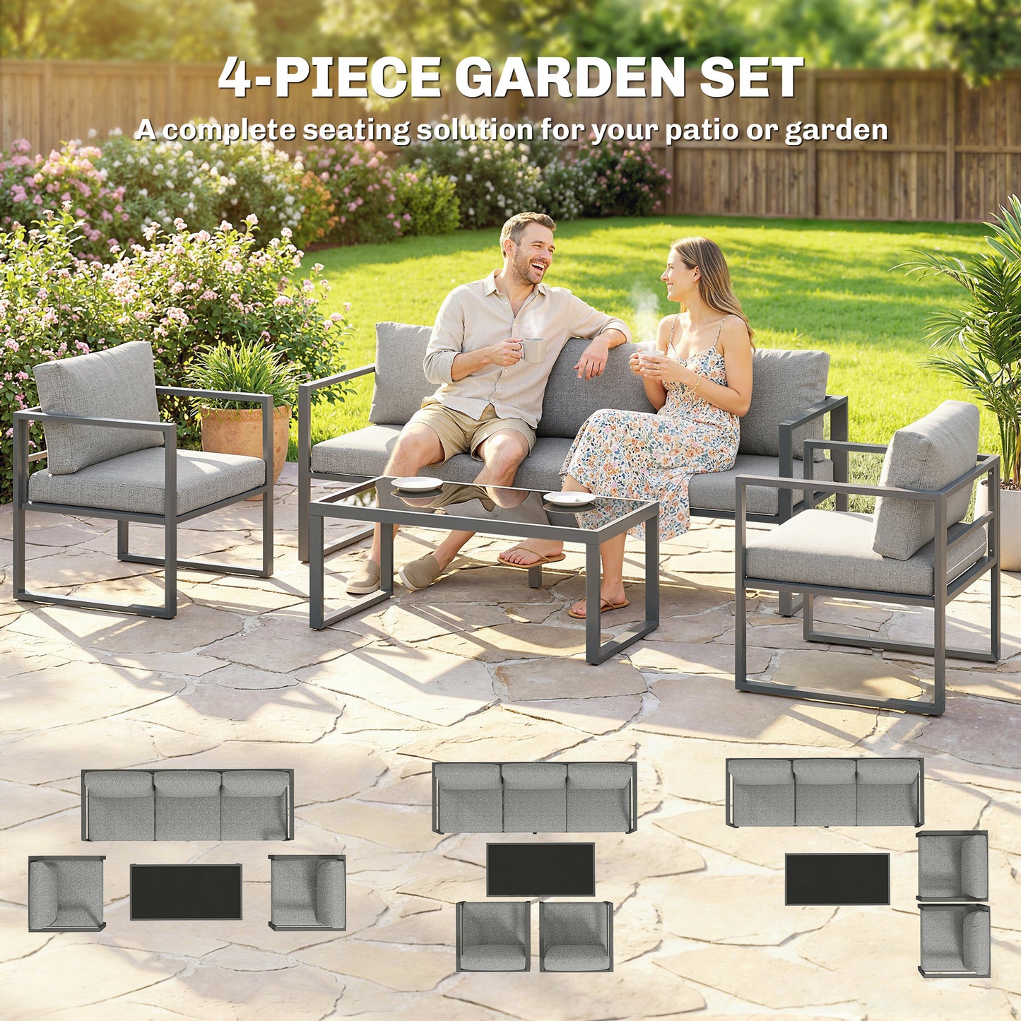 Outsunny 4 Piece Outdoor Patio Garden Furniture Set With 3 Seater Sofa Armchairs And Coffee Table