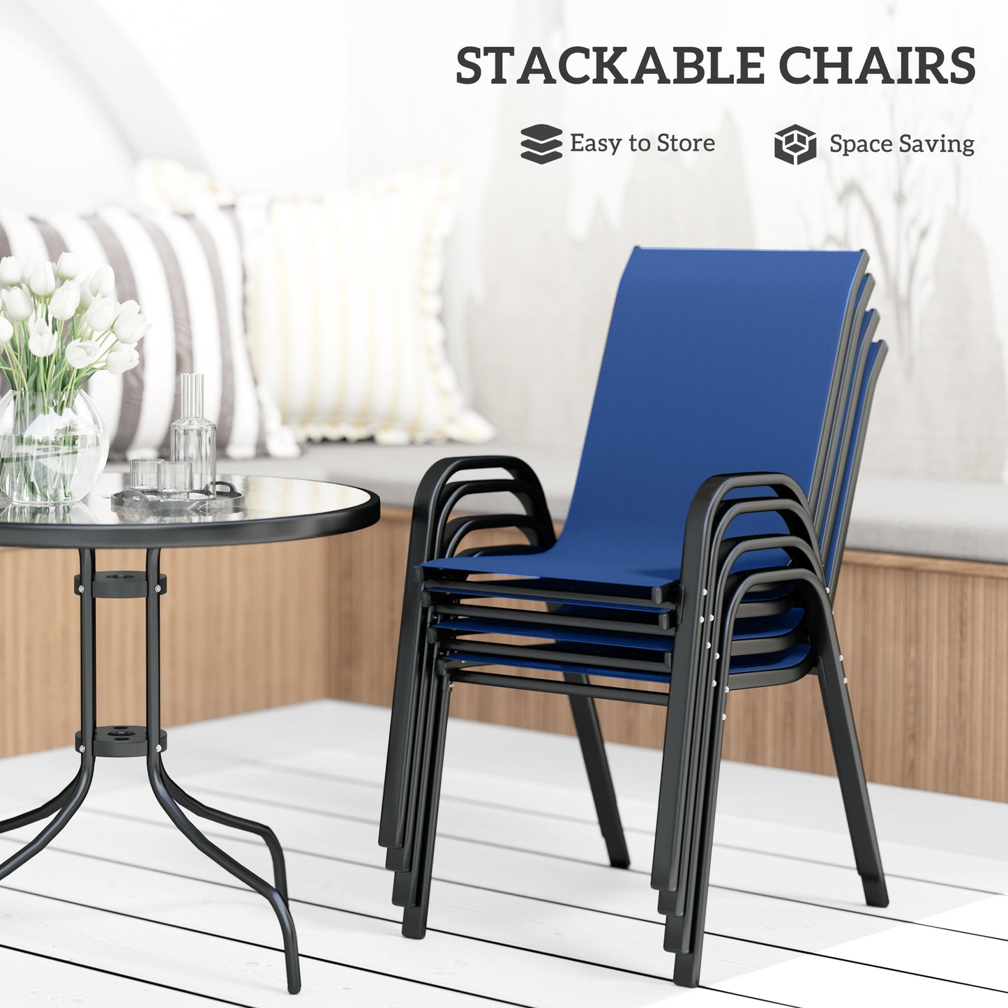 Outsunny Five Piece Steel Patio Set With Glass Top Table And Stackable Chairs Dark Blue