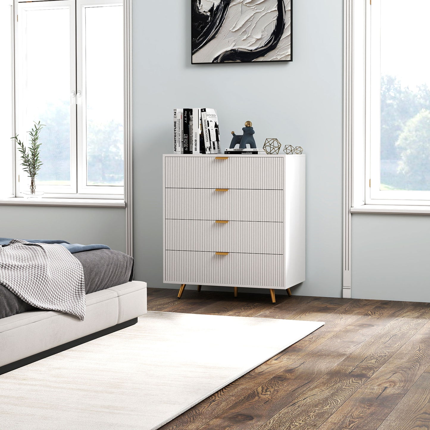 HOMCOM Elegant Four Drawer Bedside Table White With Ample Storage Nightstand For Bedroom