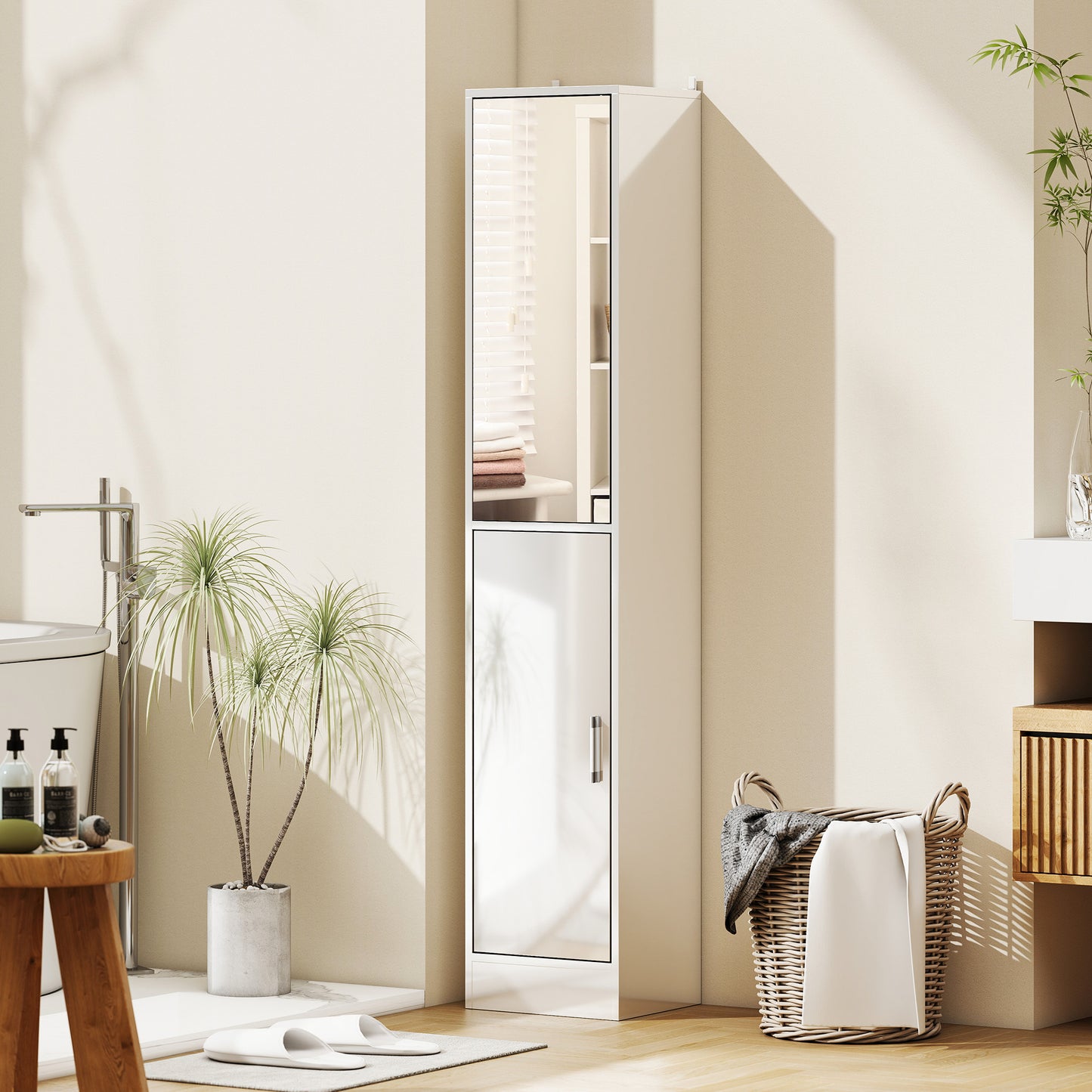 Kleankin Tall Bathroom Cabinet With Mirror And Adjustable Shelf In High Gloss White