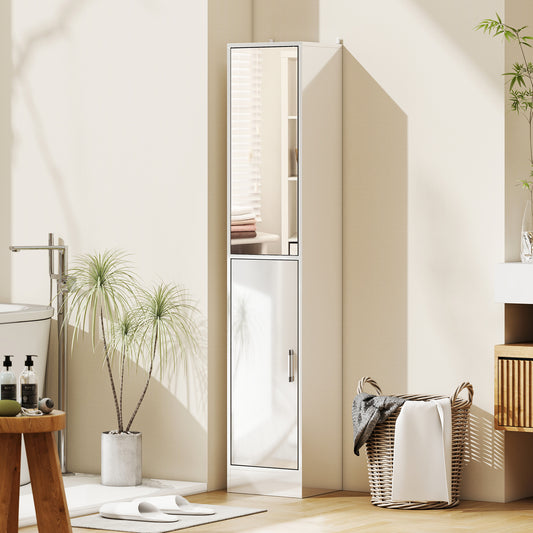 Kleankin Tall Bathroom Cabinet With Mirror And Adjustable Shelf In High Gloss White