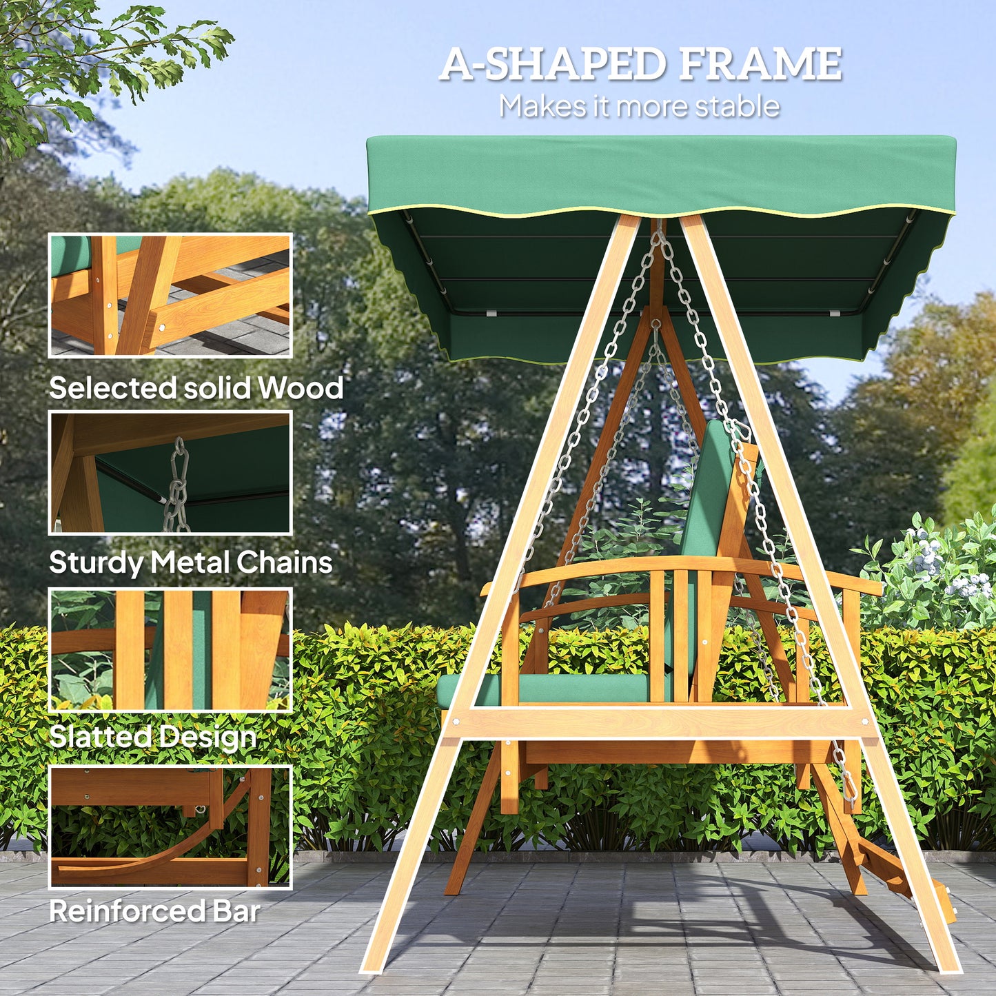 Outsunny 3 Seater 2 In 1 Wooden Garden Swing Seat Outdoor Convertible Hammock Bench Lounger Bed Dark Green