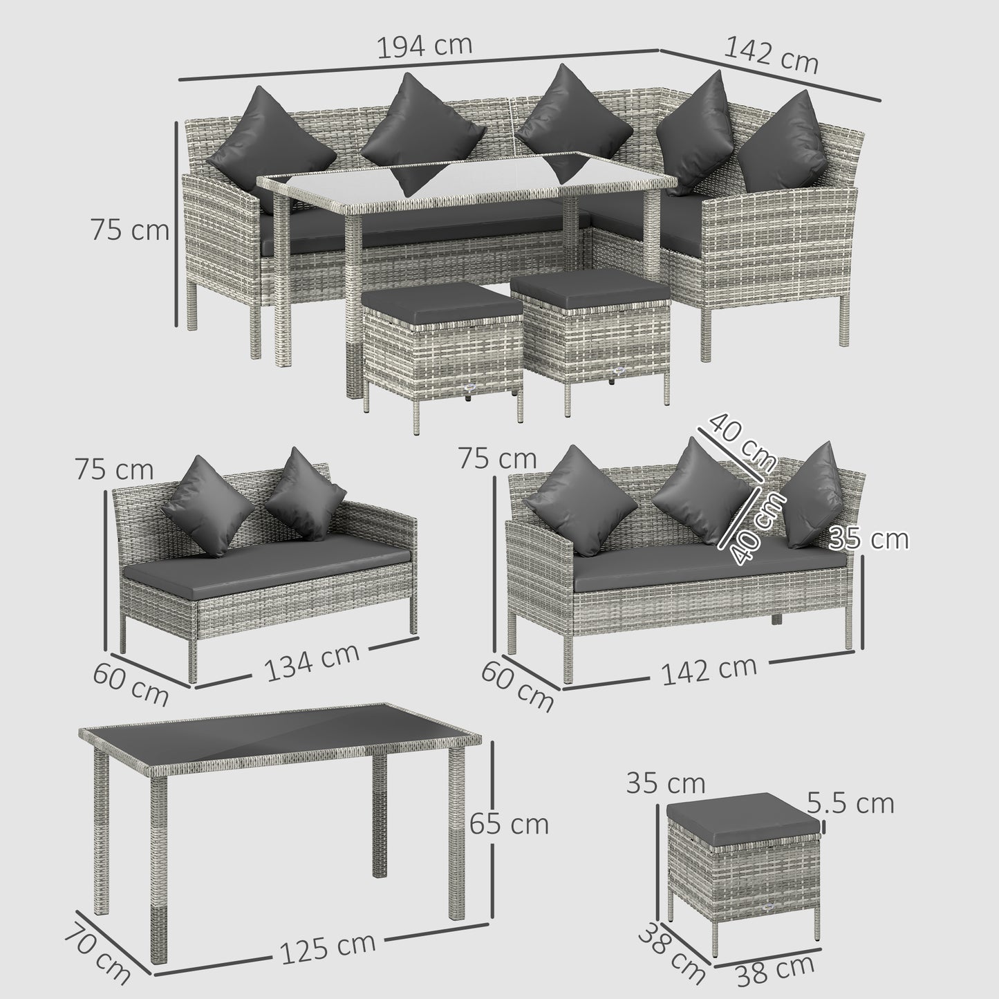 Outsunny 6 Seater Rattan Outdoor Garden Dining Set With Table Two 2-Seat Lounger Sofas Two Footstools Cushions Dark Grey