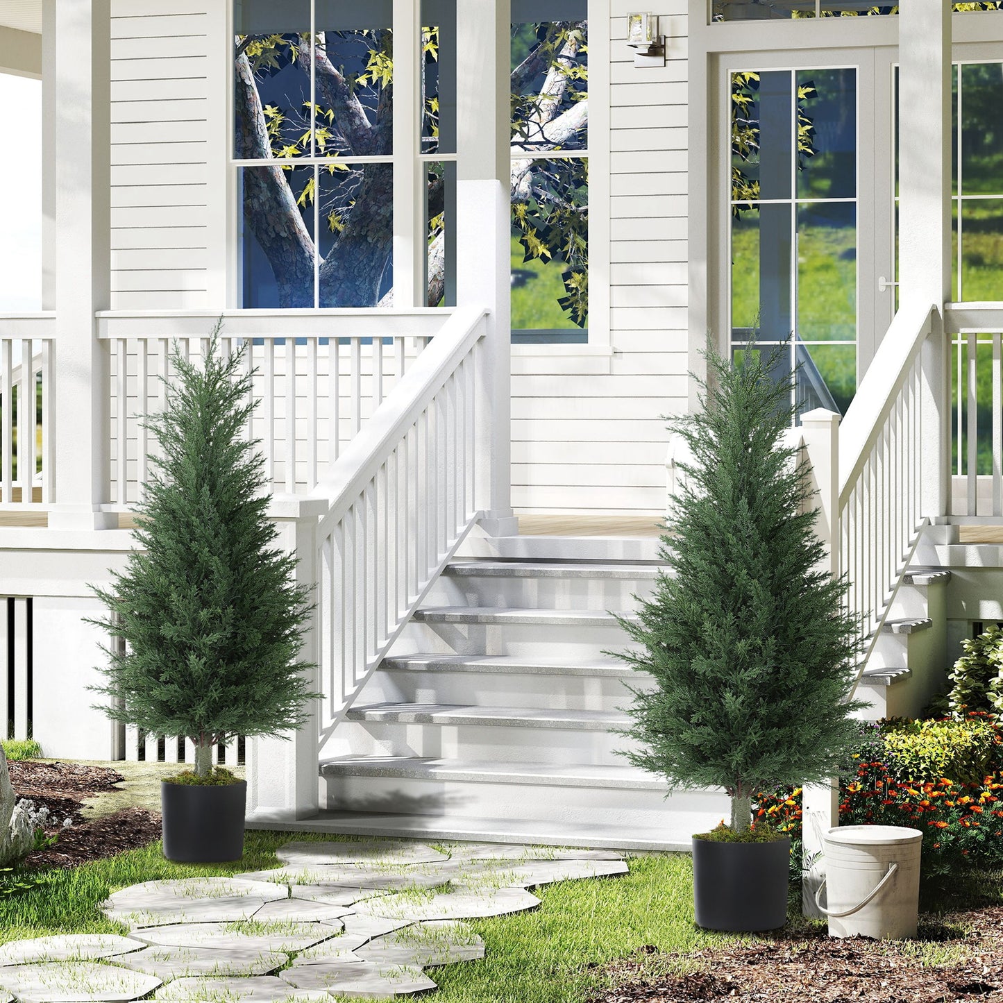 HOMCOM 90 CM Artificial Cypress Trees 2 Pack In Cement Pots UV Resistant Faux Plants For Garden Front Porch Decor