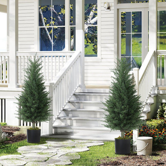 HOMCOM 90 CM Artificial Cypress Trees 2 Pack In Cement Pots UV Resistant Faux Plants For Garden Front Porch Decor