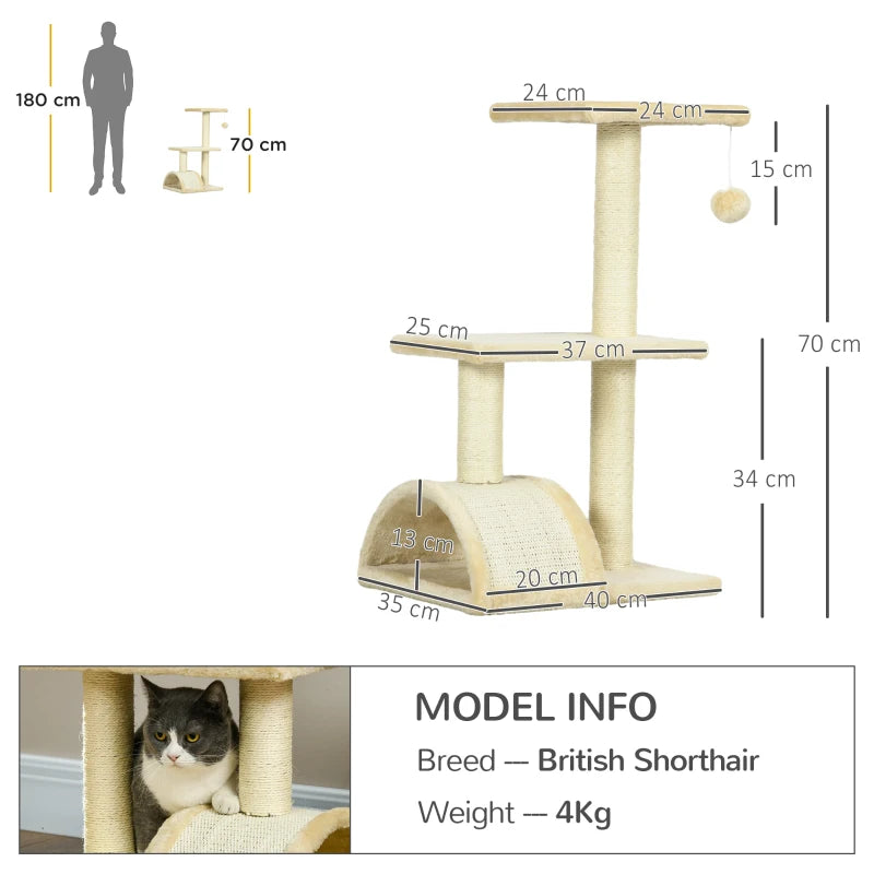 PawHut 72cm Cat Tree with Scratching Post and Pad for Indoor Cats - Cream White - ALL4U RETAILER LTD