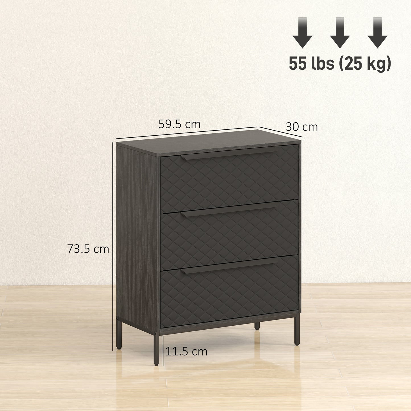 HOMCOM Chest Of Drawers With 3 Fabric Drawers And Aluminium Handles Black Modern Bedroom Storage