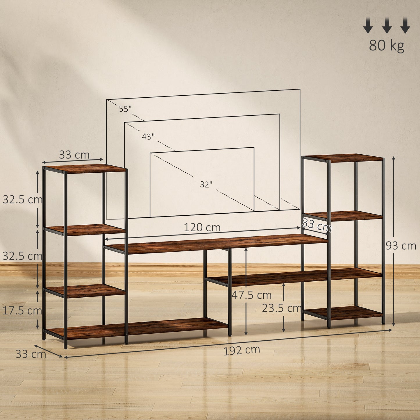 HOMCOM Industrial TV Stand for TVs Up to 55 Inches with Storage Shelves Entertainment Centre for Living Room and Bedroom
