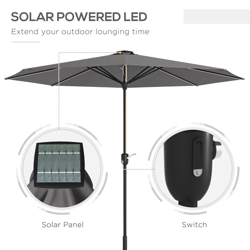 Outsunny Charcoal Grey Garden Parasol with LED Lights, Solar Charged Patio Umbrella - Outdoor Umbrella with Crank Handle for Enhanced Lighting and Convenience