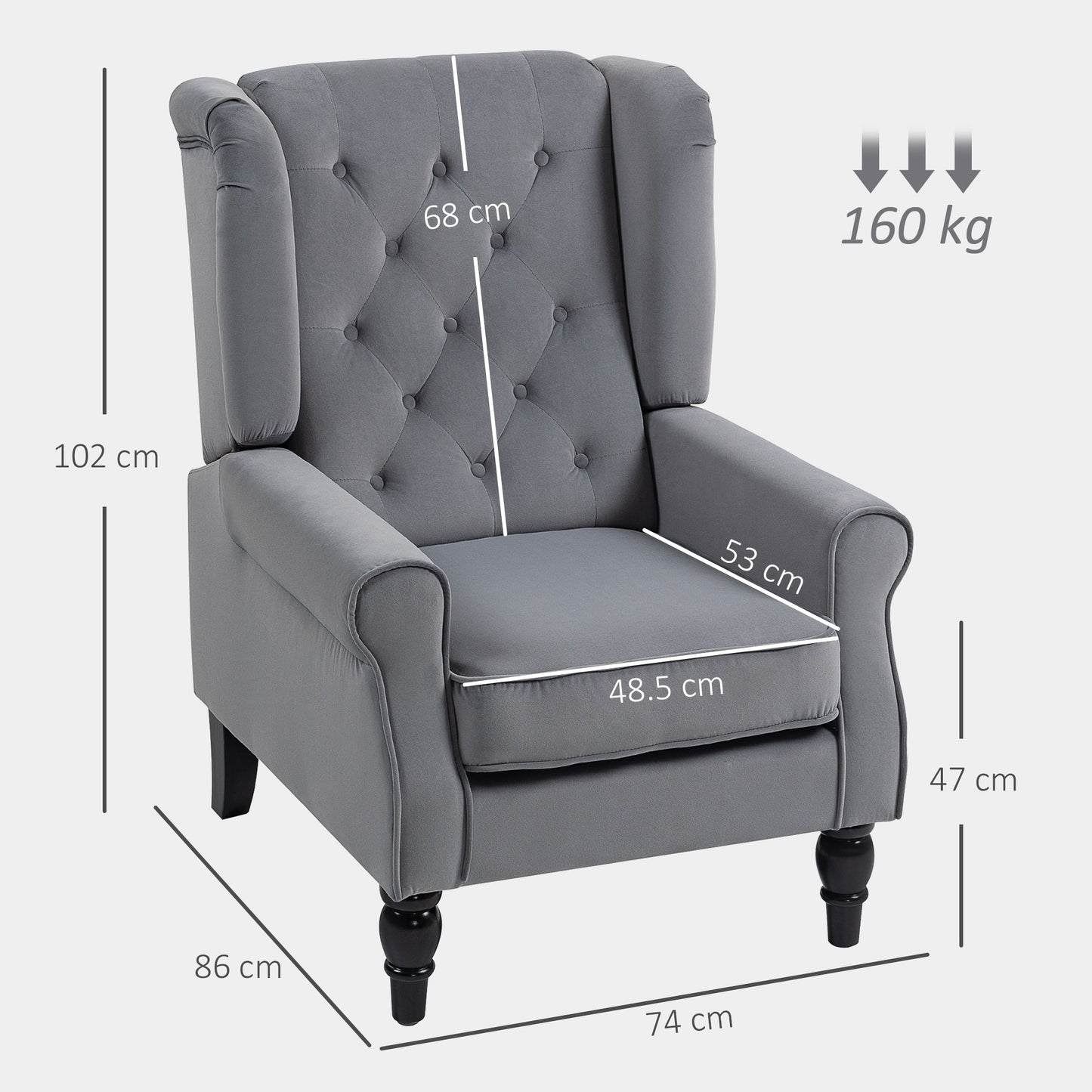 HOMCOM Wingback Accent Chair Retro Upholstered Button Tufted Occasional Chair for Living Room and Bedroom Light Grey