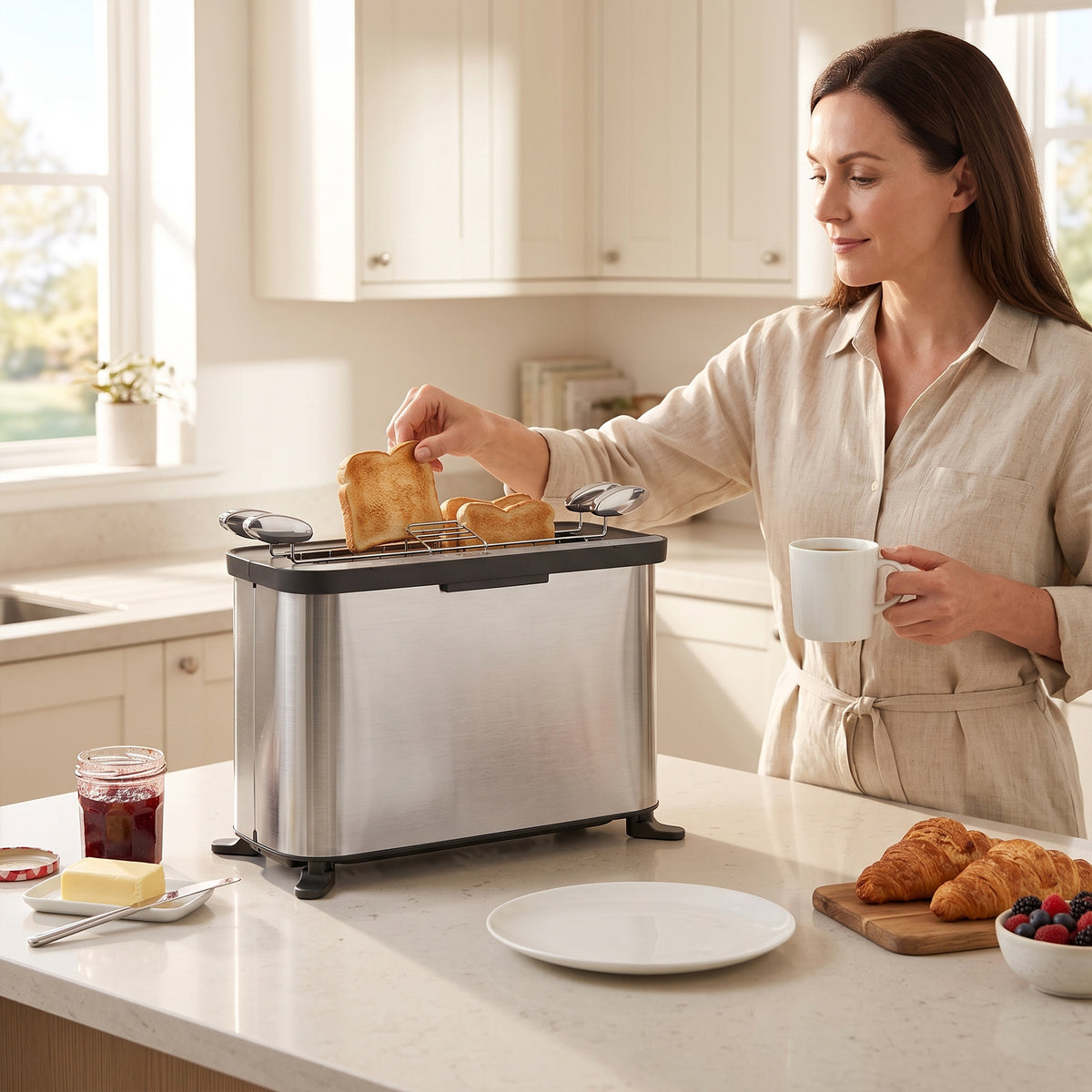 Stainless 3-in-1 electric countertop toaster oven with bread in long slot and open top