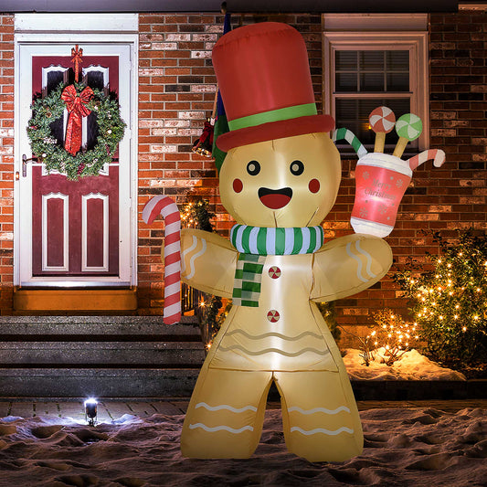 HOMCOM 7.5FT Christmas Inflatable Gingerbread Man with Candy Cane and LED Lights - Fun Outdoor Holiday Decoration for Lawn and Parties - ALL4U RETAILER LTD