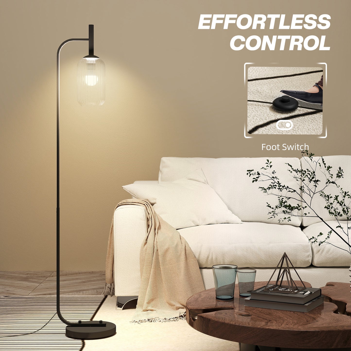 HOMCOM Floor Lamp Glass Shade Modern Standing Lamp With Foot Switch Black Bulb Not Included For Living Room Or Bedroom