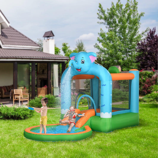 Outsunny 4 in 1 Elephant-Themed Inflatable Water Park, Kids Bouncy Castle, for Ages 3-8 Years - Multicoloured - ALL4U RETAILER LTD
