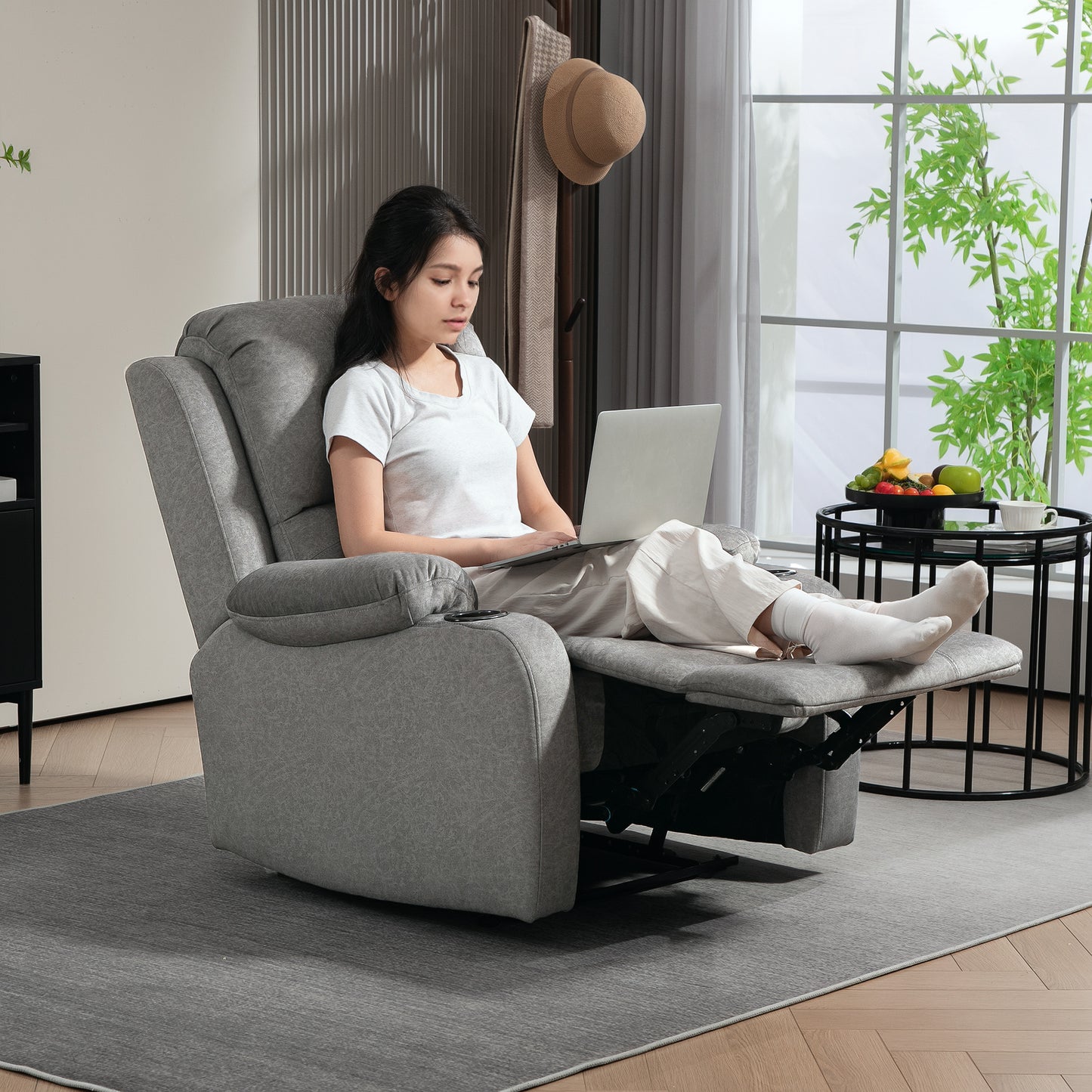 HOMCOM Microfibre Manual Reclining Armchair With Footrest Grey Cup Holder Armrests