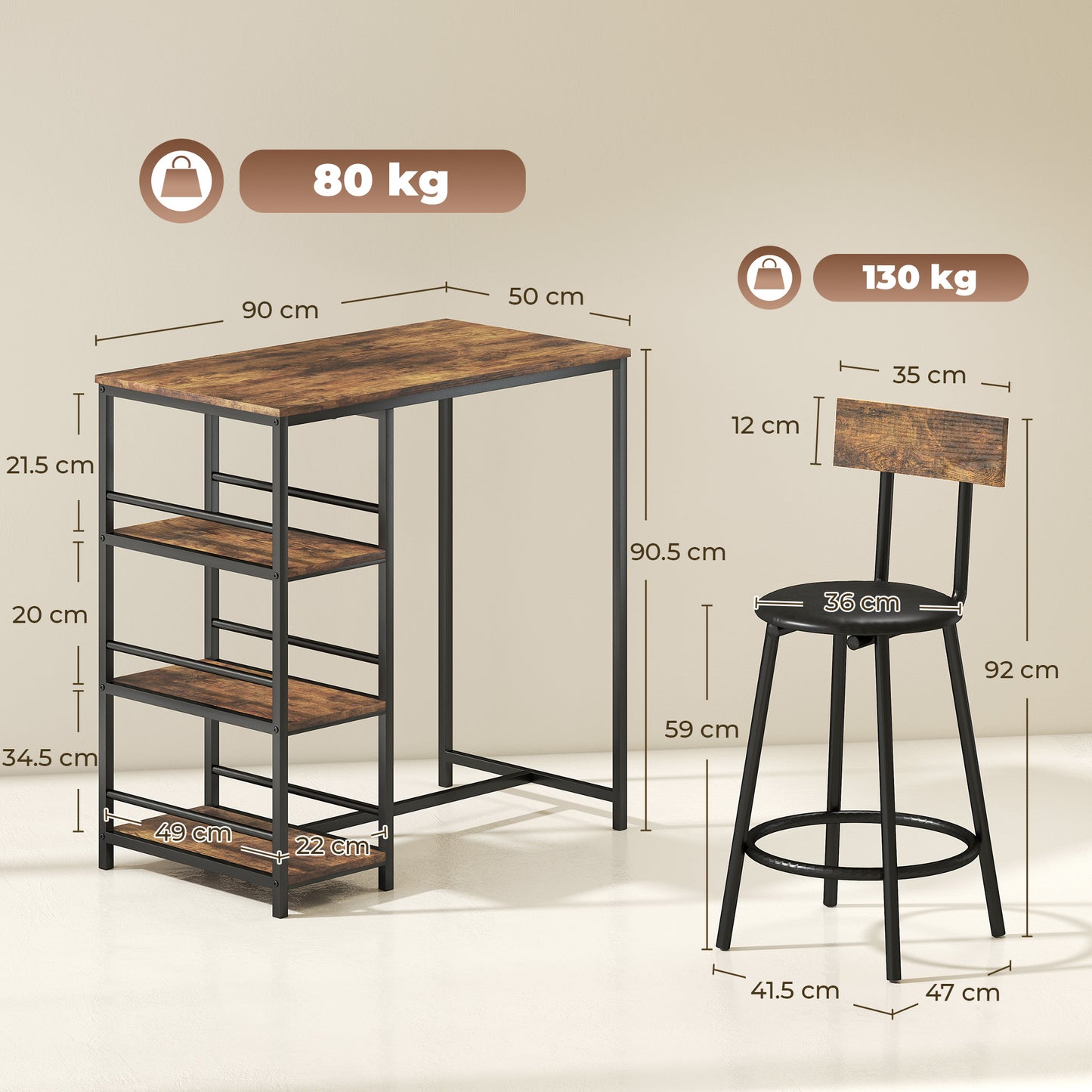HOMCOM Space Saving Bar Table and PU Leather Stools 3 Piece Breakfast Bar Set for 2 with Storage Shelves Rustic Brown