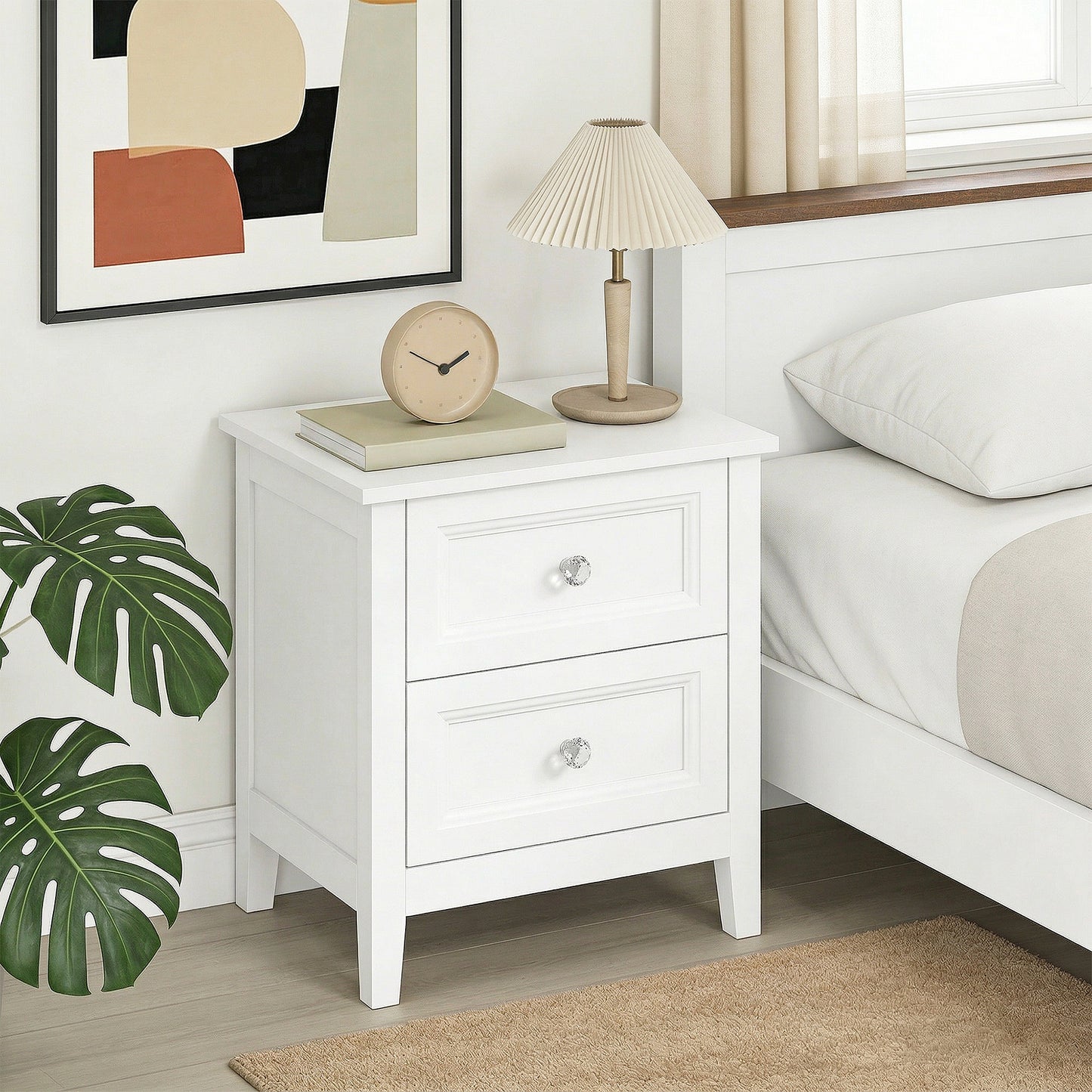 HOMCOM Nightstand With 2 Drawers Modern Bedside Table White MDF Frame Crystal Handles For Bedroom Living Room