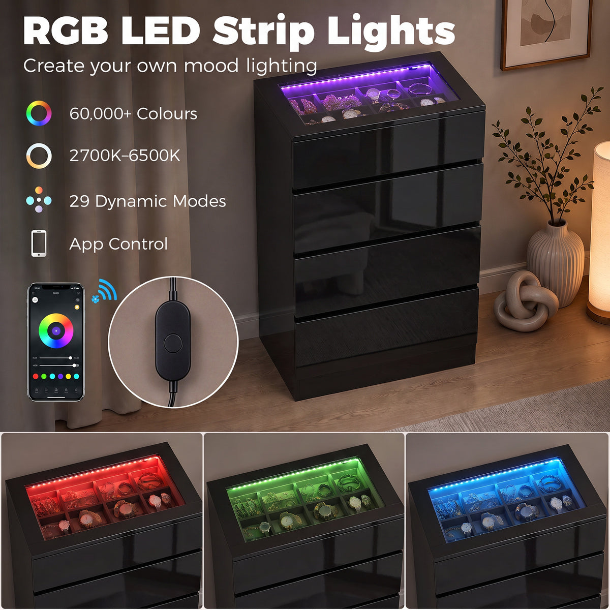 Homcom High Gloss Dresser With Tempered Glass Top And Rgb Led Lights Black