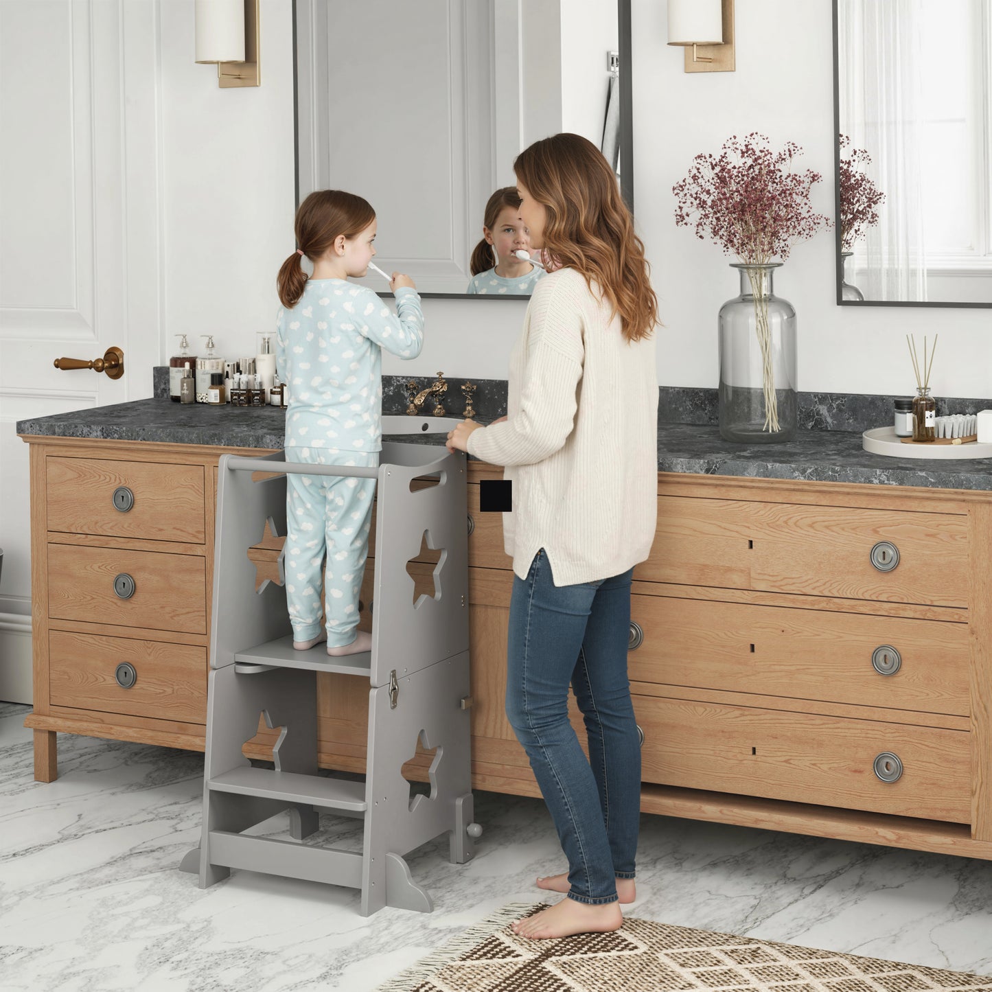 AIYAPLAY 2-In-1 Toddler Step Stool With Safety Rail For Kitchen And Bathroom Grey