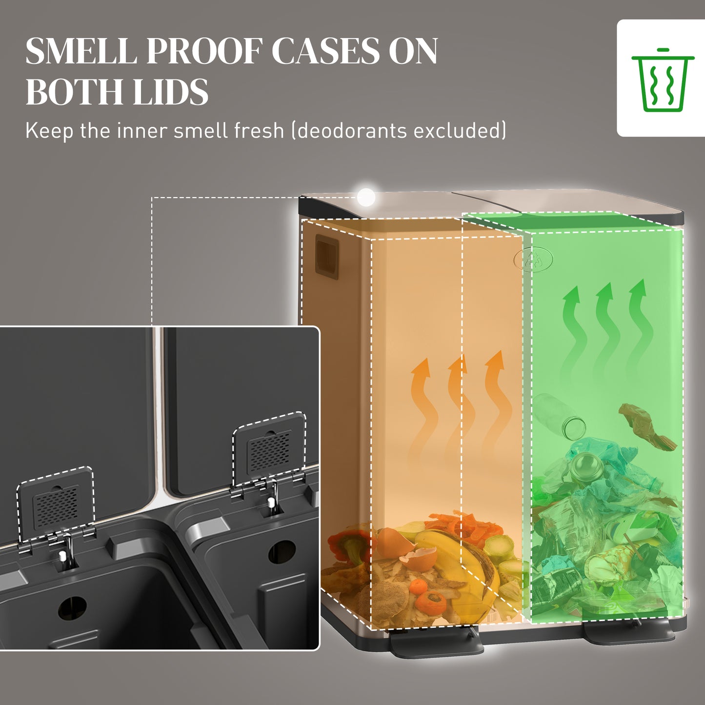 HOMCOM 40L Dual Compartment Stainless Steel Bin With Deodoriser Holders Gold Tone