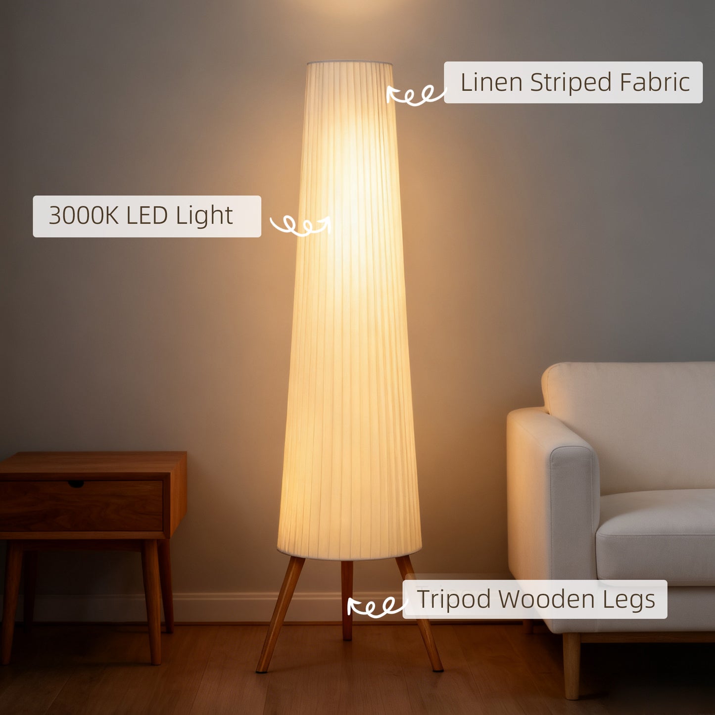 HOMCOM Dimmable Tripod Floor Lamp With Foot Switch Nordic Standing Lamp With Fabric Shade 153 Cm White And Natural