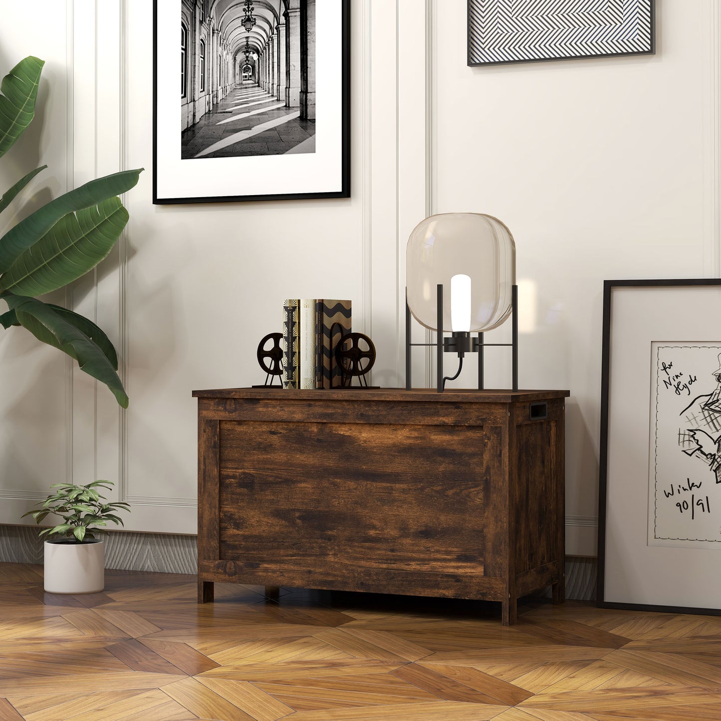 HOMCOM Storage Chest Bench With 2 Safety Hinges And Cut Out Handles Rustic Brown Wooden Toy Box For Living Room
