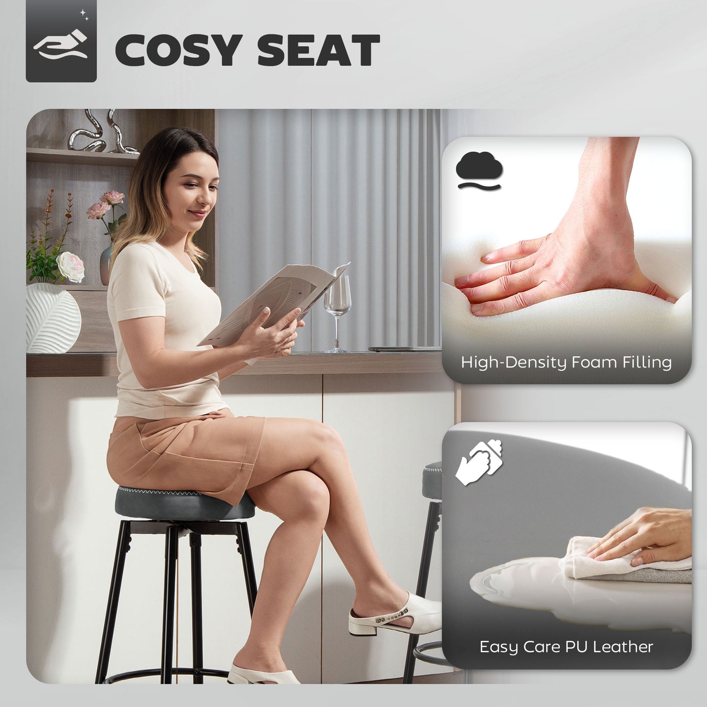 HOMCOM Set Of Two Faux Leather Bar Stools Grey And Black White Edge Stitching Cushioned 8 Cm Foam For Comfortable Dining
