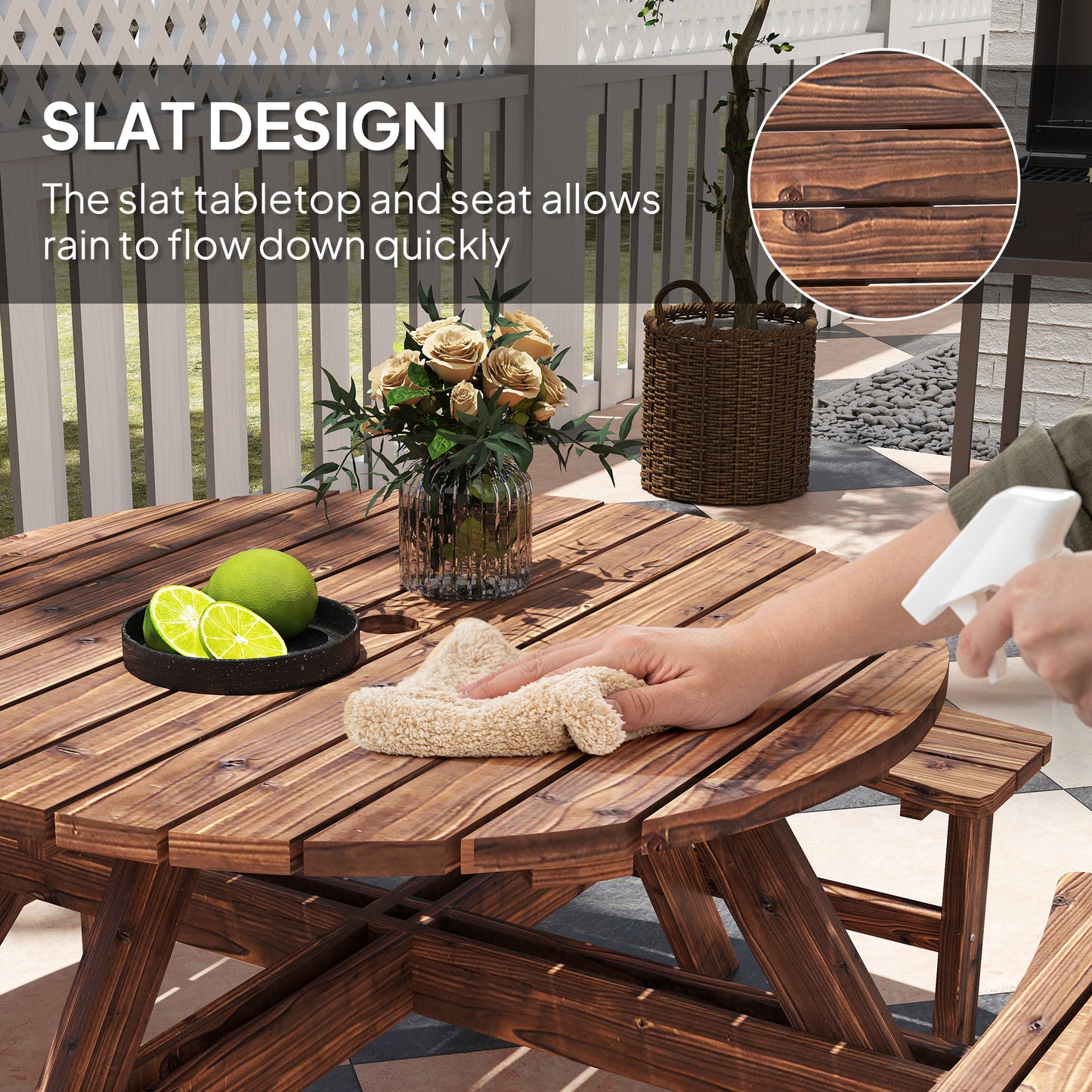 Outsunny Wooden Garden Dining Set 8 Seater Patio Furniture Round Picnic Table With Parasol Hole Tan