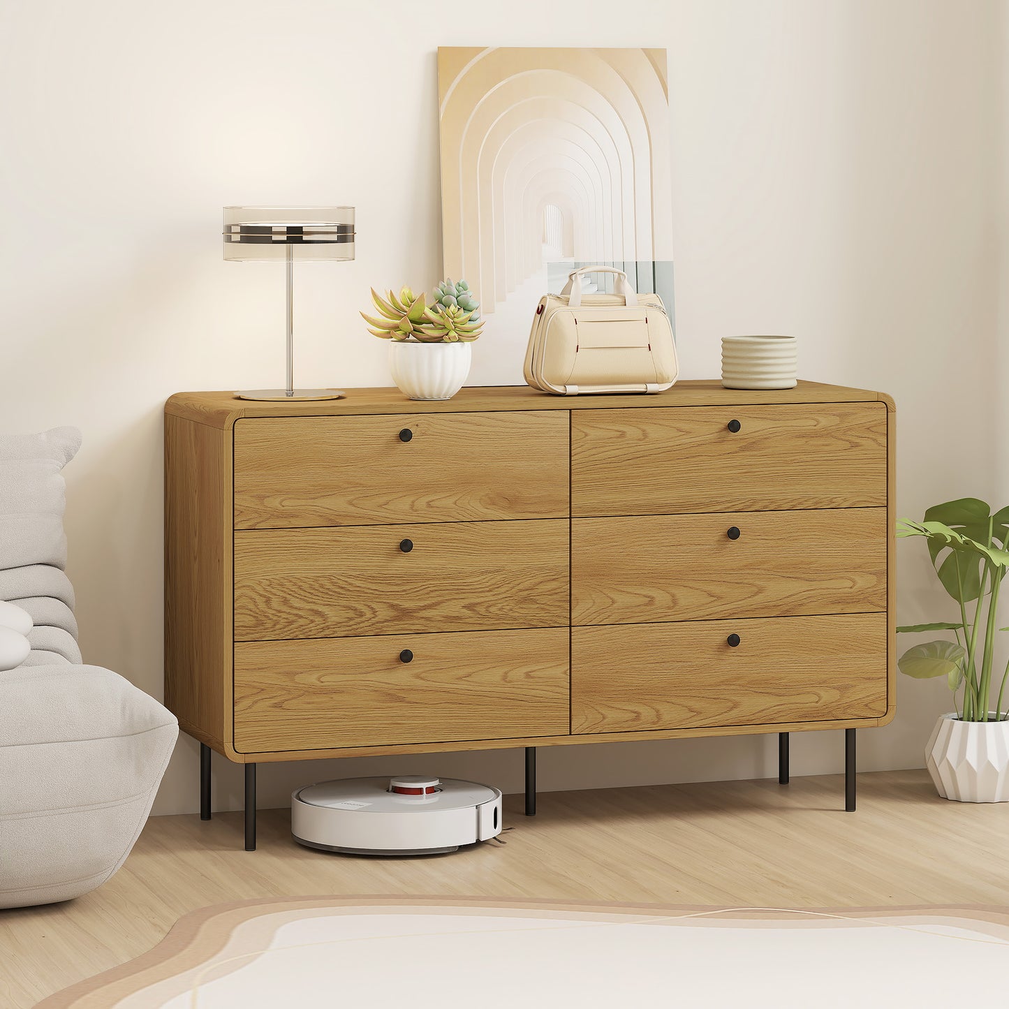 HOMCOM Chest of Drawers Six Drawer Dresser Oak Finish Modern Rounded Edges Safe Family Furniture