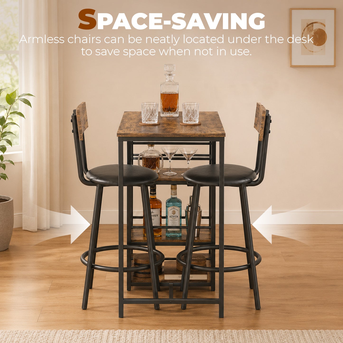 HOMCOM Space Saving Bar Table and PU Leather Stools 3 Piece Breakfast Bar Set for 2 with Storage Shelves Rustic Brown