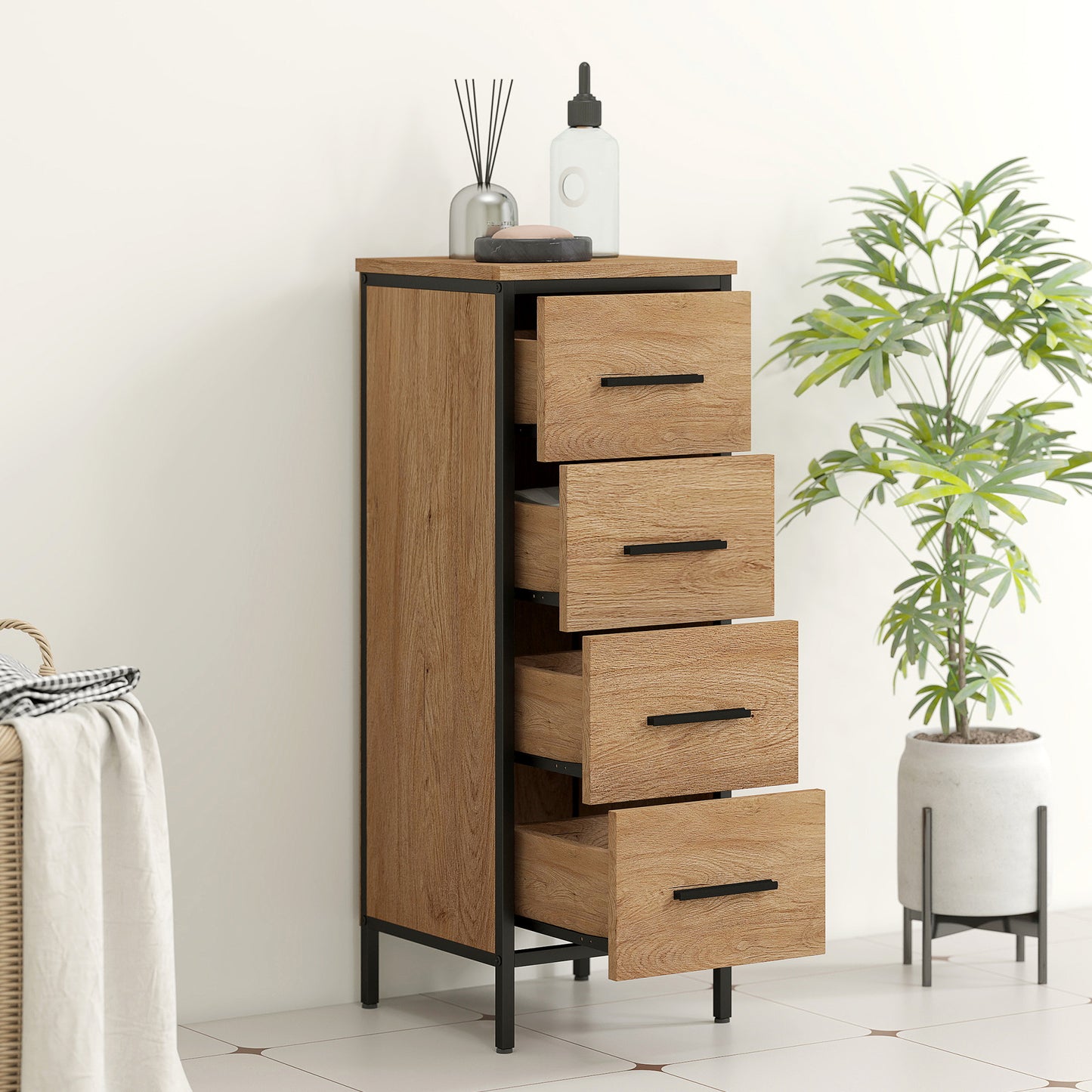 HOMCOM Narrow Bathroom Storage Cabinet With Four Drawers In Oak Finish For Small Bathrooms