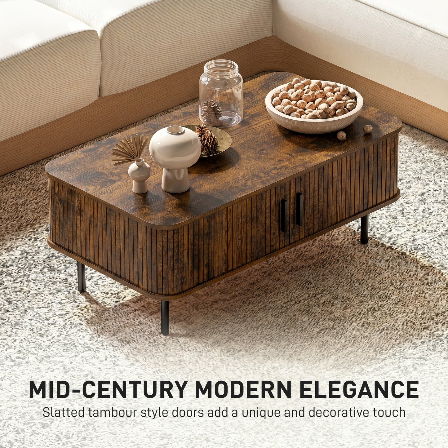 HOMCOM Coffee Table With Storage Slatted Tambour Sliding Doors Elevated Base Rustic Brown For Living Room