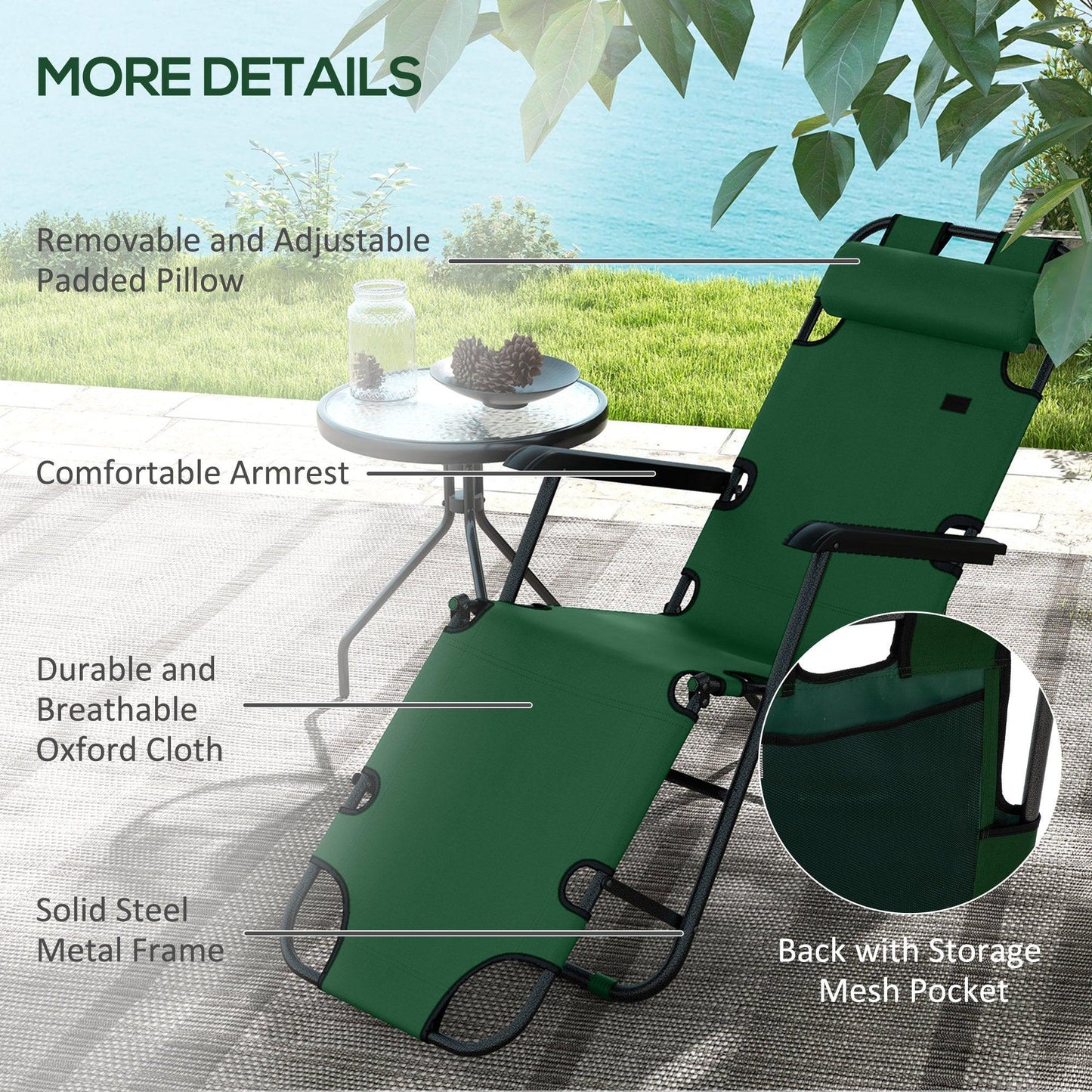 Outsunny 2 in 1 Sun Lounger Folding Reclining Chair Garden Outdoor Camping Adjustable Back with Pillow, Green - ALL4U RETAILER LTD