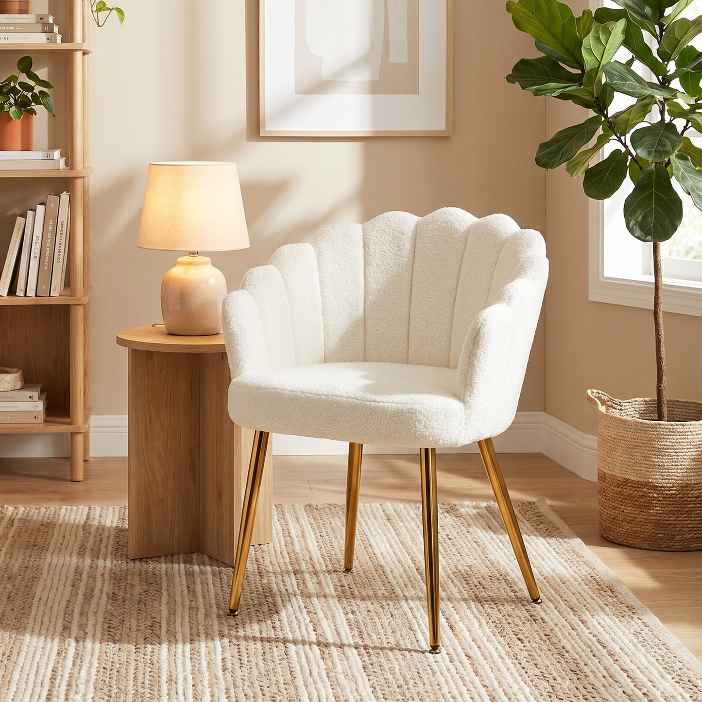 HOMCOM Petal Back Lounge Chair With Metal Legs Cream Armchair For Living Room And Bedroom