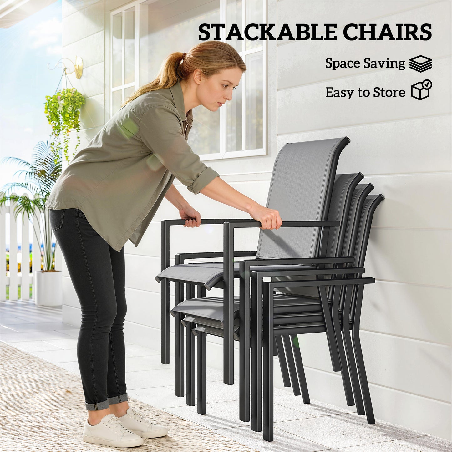 Outsunny 5 Piece Outdoor Dining Set for 4 With Table and Stackable Chairs Breathable Mesh Seats Parasol Hole Grey